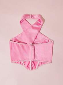 Sujetador unicolor con tira cruzada de cuello halter con aro - Rosa - Ver 2