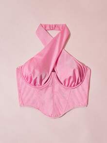 Sujetador unicolor con tira cruzada de cuello halter con aro - Rosa - Ver 3