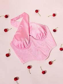 Sujetador unicolor con tira cruzada de cuello halter con aro - Rosa - Ver 4