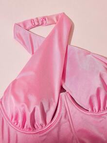 Sujetador unicolor con tira cruzada de cuello halter con aro - Rosa - Ver 5