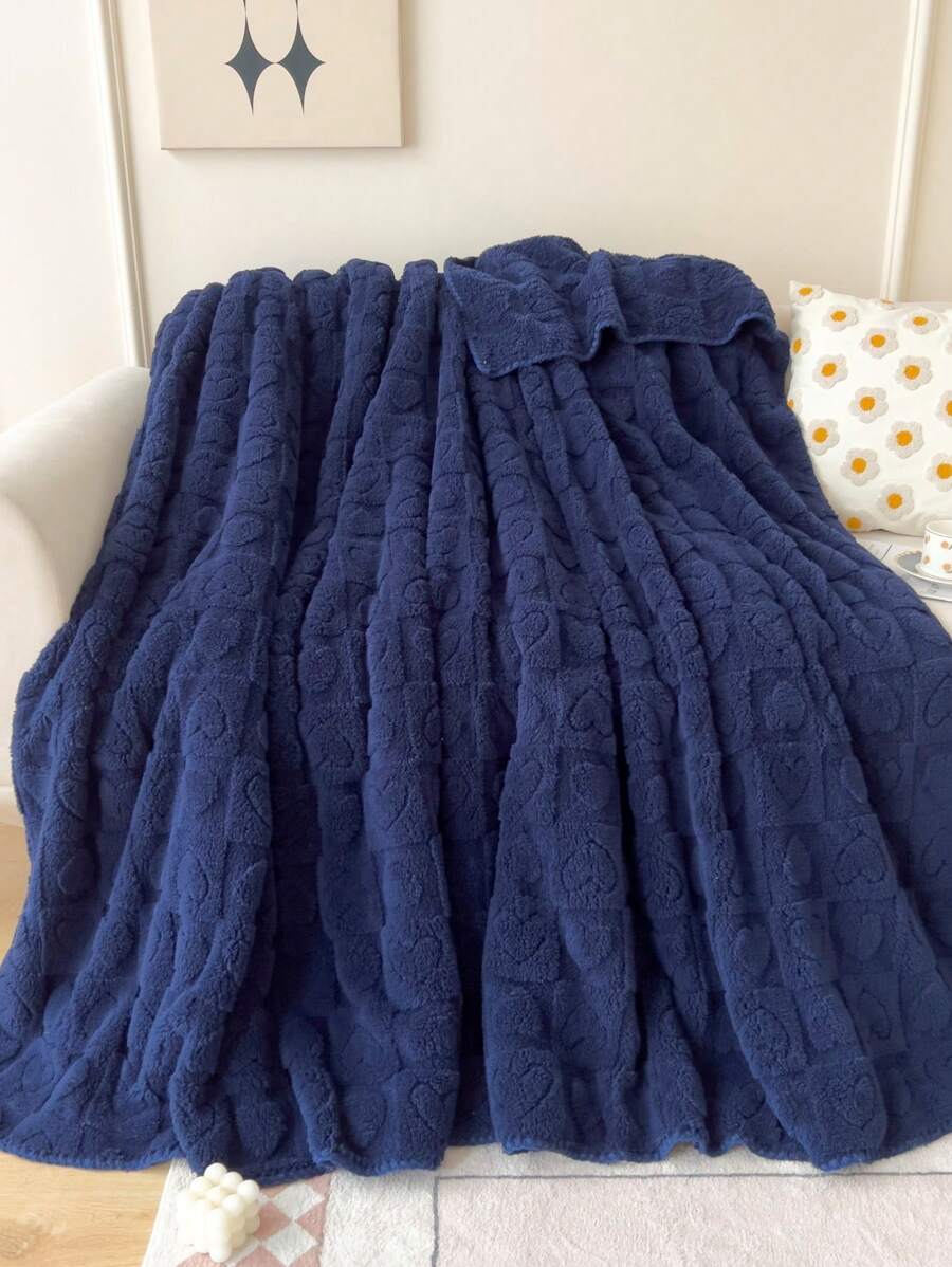 1pc Heart Tufted Fuzzy Throw Blanket, Navy Blue Soft Flannelette Blanket, For Home - Navy Blue - View 1