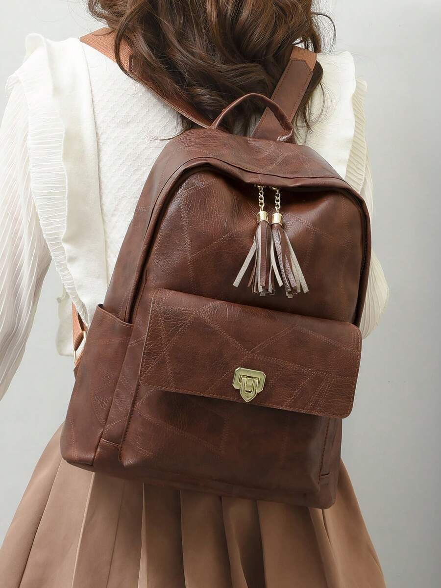 防水、輕便、便攜中號功能背包流蘇裝飾復古棕色適合女士、新手和白領 - 棕色 - 查看 1