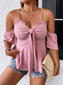 SHEIN Clasi 大碼挖肩前打結T恤 - 粉色 - 查看 1