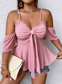 SHEIN Clasi 大碼挖肩前打結T恤 - 粉色 - 查看 3