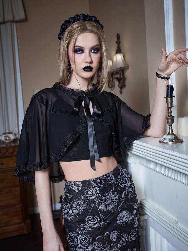 ¡Lo nuevo en Goth Capa unicolor con cordón delantero de manga capa de ...