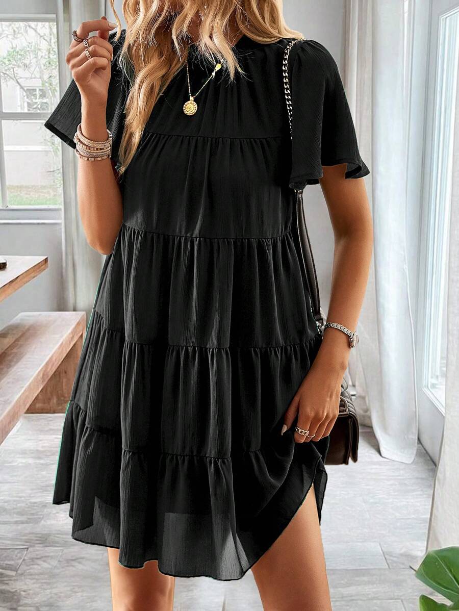 SHEIN LUNE Solid Layered Ruffle Hem Smock Dress - Black - View 1