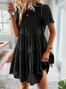 SHEIN LUNE Solid Layered Ruffle Hem Smock Dress - Black - View 3