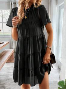 SHEIN LUNE Solid Layered Ruffle Hem Smock Dress - Black - View 4