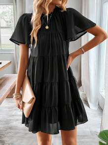 SHEIN LUNE Solid Layered Ruffle Hem Smock Dress - Black - View 5