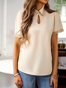 SHEIN Clasi Áo sơ mi nữ Tương phản ren màu trơn Giải trí - Màu be - Xem 4