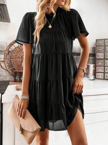 SHEIN LUNE Solid Layered Ruffle Hem Smock Dress - Black - View 6