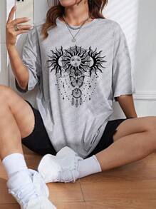 SHEIN EZwear Sun & Moon Print Drop Shoulder Tee - Grey - View 1