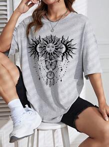 SHEIN EZwear Sun & Moon Print Drop Shoulder Tee - Grey - View 5