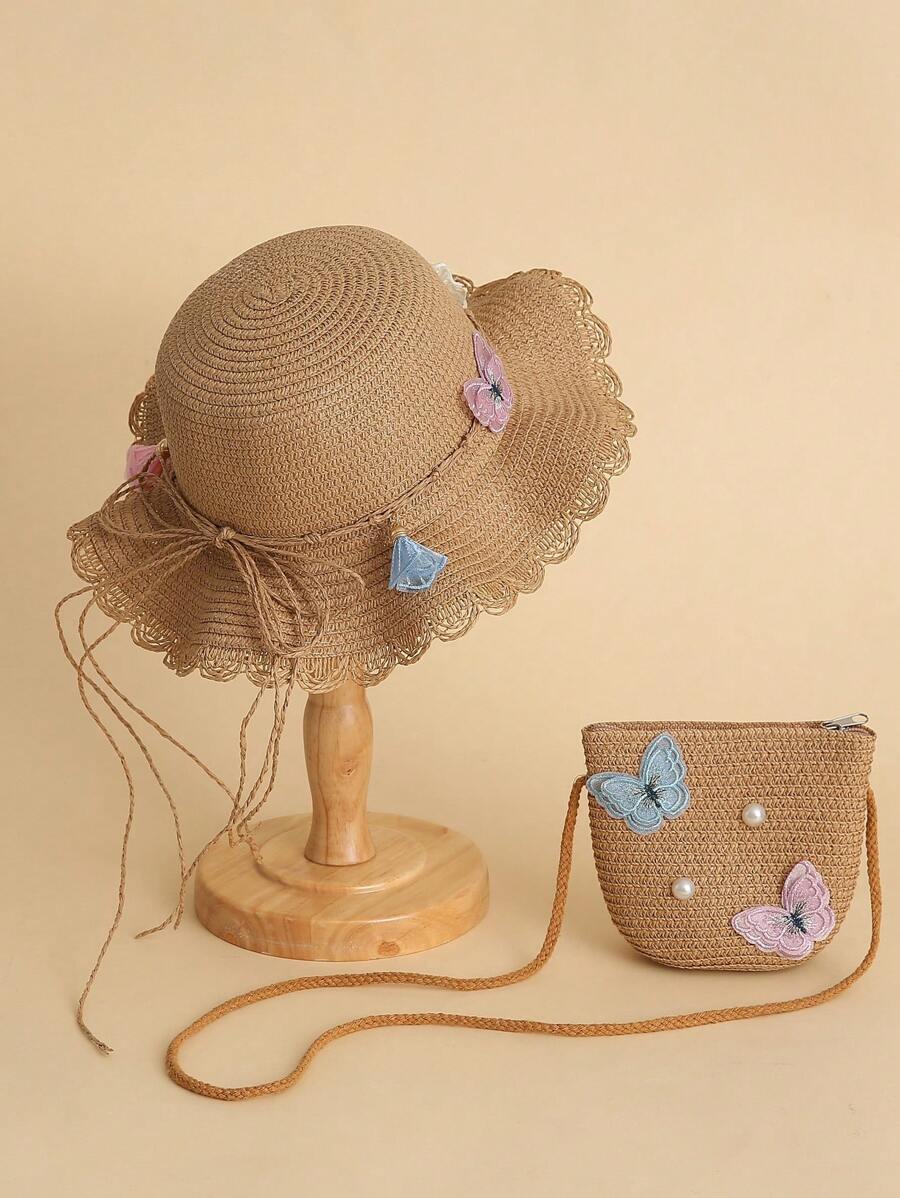 Kids Butterfly Decor Mũ Rơm & Túi Đeo Chéo Dây Kéo - Màu Khaki - Xem 1