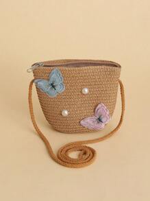 Kids Butterfly Decor Mũ Rơm & Túi Đeo Chéo Dây Kéo - Màu Khaki - Xem 3