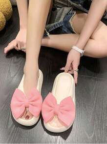 Preppy Flip Flops For Women, Bow Decor EVA Slippers - Hot Pink - View 2
