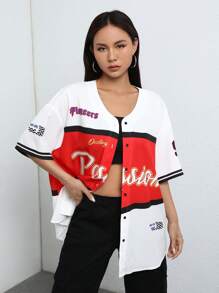SHEIN EZwear Letter Graphic Colorblock Drop Shoulder Button Front Shirt Without Cami Top - Red - View 3