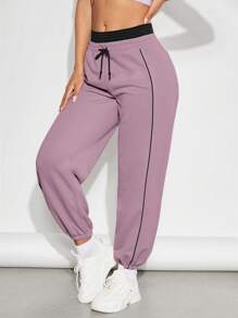 SHEINNeu Drawstring Waist Contrast Piping Sports Pants - Lilac Purple - View 1