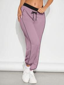 SHEINNeu Drawstring Waist Contrast Piping Sports Pants - Lilac Purple - View 4