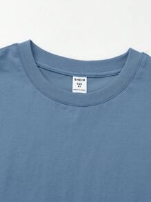 SHEIN Boys 100% Cotton Solid Drop Shoulder Tee & Shorts - Dusty Blue - View 5