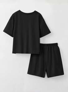 SHEIN Girls Solid Tee & Knot Front Shorts - Black - View 2