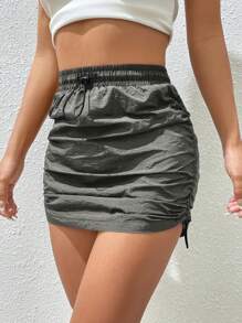 SHEIN EZwear Drawstring Side Ruched Skirt - Dark Grey - View 5