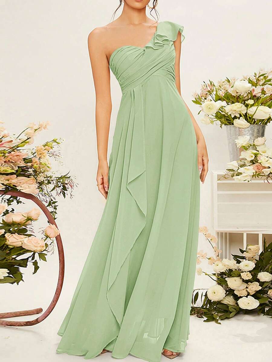 SHEIN Belle Vestido de dama de honor de gasa con drapeado, un hombro y volantes, elegante - verde menta - Ver 1