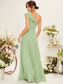 SHEIN Belle Vestido de dama de honor de gasa con drapeado, un hombro y volantes, elegante - verde menta - Ver 2