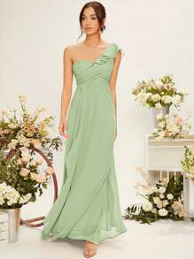 SHEIN Belle Vestido de dama de honor de gasa con drapeado, un hombro y volantes, elegante - verde menta - Ver 3