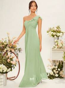 SHEIN Belle Vestido de dama de honor de gasa con drapeado, un hombro y volantes, elegante - verde menta - Ver 5