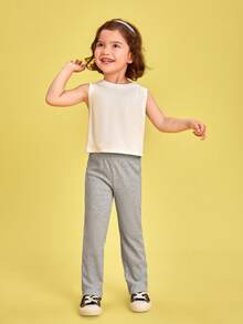 SHEIN Toddler Girls Solid Flare Leg Trousers - Grey - View 3