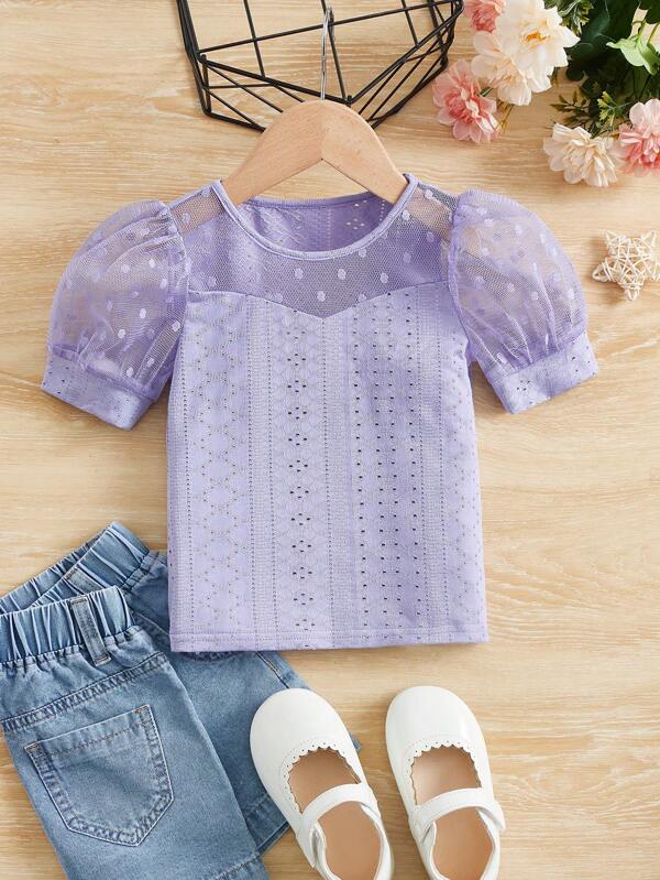 SHEIN Young Girl Contrast Mesh Puff Sleeve Eyelet Embroidery Tee