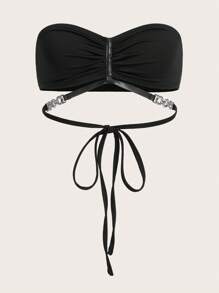 Sweetina 素色胸部褶皺抽繩後綁帶抹胸上衣 - 黑色 - 查看 2