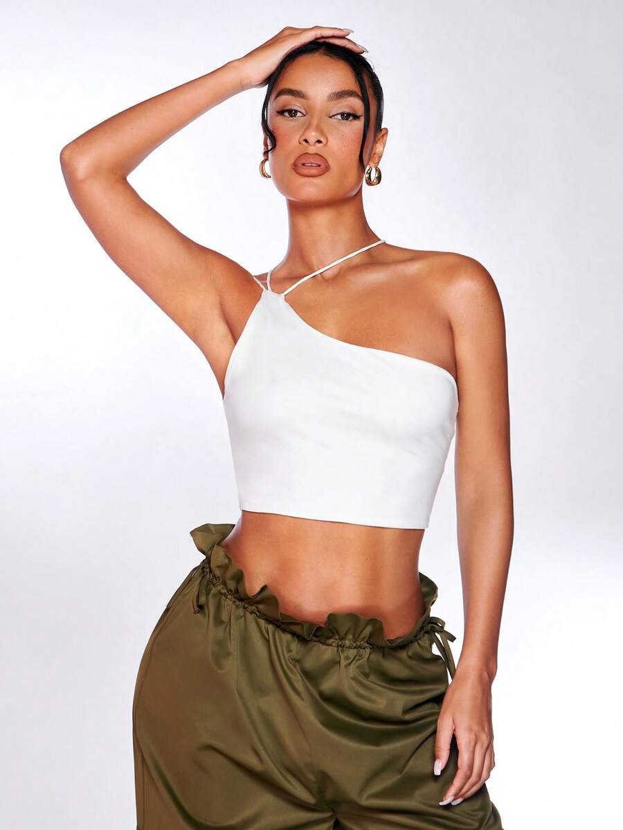 SHEIN BAE One Shoulder Solid Crop Top - White - View 1