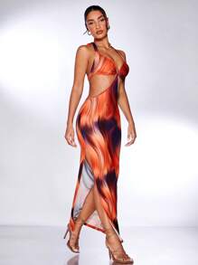 SHEIN BAE Tie Dye Knotted Backless Split Thigh Dress - Multicolor - View 1