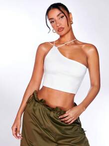 SHEIN BAE One Shoulder Solid Crop Top - White - View 4