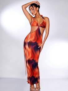 SHEIN BAE Tie Dye Knotted Backless Split Thigh Dress - Multicolor - View 4