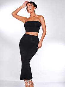 SHEIN BAE Solid Cropped Tube Top & Pencil Midi Skirt Set - Black - View 1