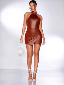 SHEIN BAE Asymmetrical Hem Open Back PU Leather Bodycon Dress