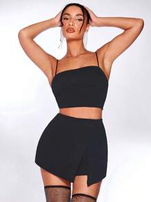 SHEIN BAE Conjunto top de tirante corto unicolor con skort - Negro - Ver 8