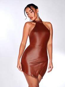 SHEIN BAE Asymmetrical Hem Open Back PU Leather Bodycon Dress