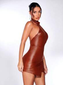 SHEIN BAE Asymmetrical Hem Open Back PU Leather Bodycon Dress
