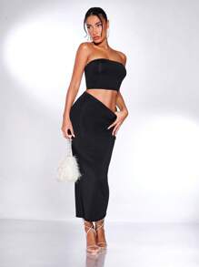 SHEIN BAE Solid Cropped Tube Top & Pencil Midi Skirt Set - Black - View 6