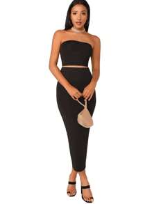 SHEIN BAE Solid Cropped Tube Top & Pencil Midi Skirt Set - Black - View 9