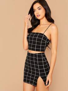 SHEIN BAE Grid Print Cropped Cami Top & Mini Skirt Set - Black - View 9