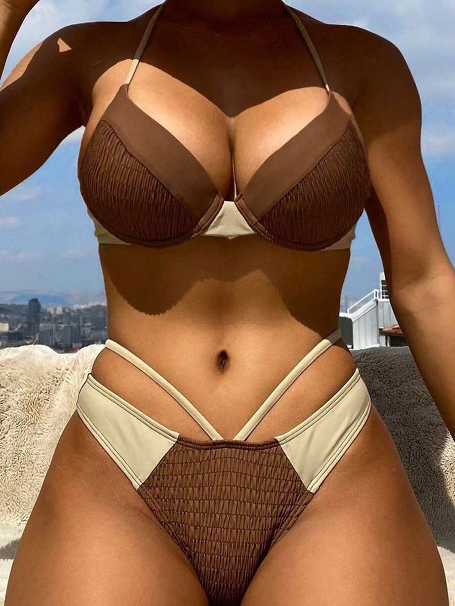 顏色分塊露背式推擠式夏季沙灘比基尼套裝 - 棕色 - 查看 1