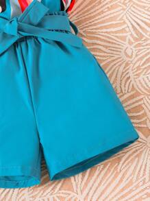 SHEIN 小女童條紋圖案掛脖上衣和附腰帶短褲 - 彩色 - 查看 3