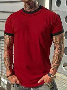 Manfinity Homme Men T-Shirts Fit Crew Neck Short Sleeve Slogan Tee Casual - Red - View 1