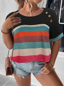 SHEIN LUNE 大碼撞色紐扣細節插肩袖T恤 - 彩色 - 查看 1