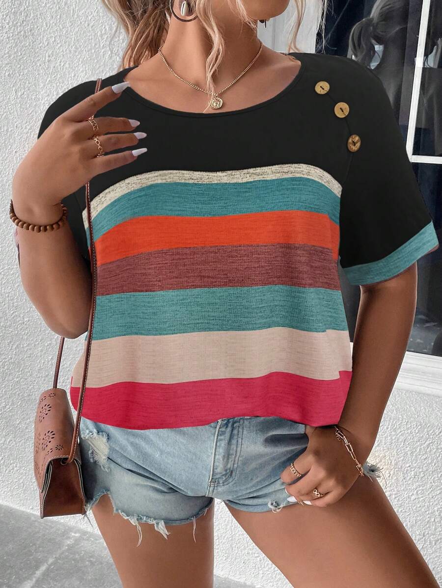 SHEIN LUNE 大碼撞色紐扣細節插肩袖T恤 - 彩色 - 查看 1
